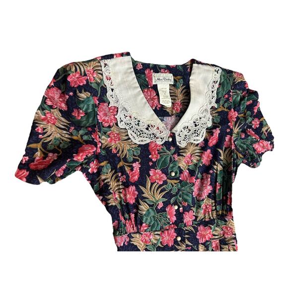 Miss Dorby Women’s 14 Dress Blue Floral Pearl Button Maxi Modest Lace Collar VTG - Picture 4 of 6